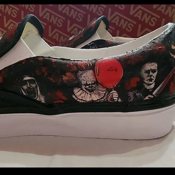 Men’s VANS Custom Jason Halloween Hand Detailed Horror Slip On Asher Shoe, 13