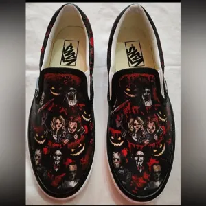 Men’s VANS Custom Jason Halloween Hand Detailed Horror Slip On Asher Shoe, 13