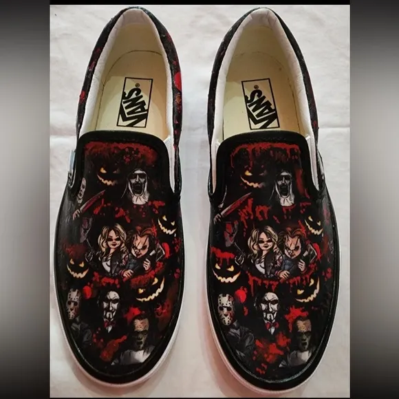 Men’s VANS Custom Jason Halloween Hand Detailed Horror Slip On Asher Shoe, 13