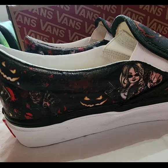 Men’s VANS Custom Jason Halloween Hand Detailed Horror Slip On Asher Shoe, 13
