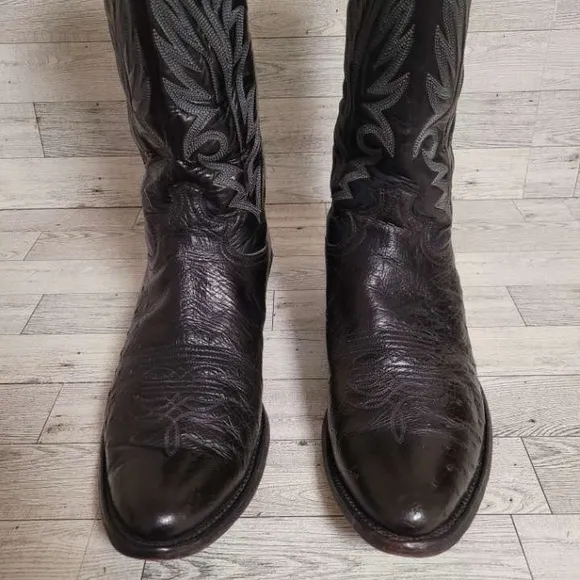 Men's Vintage Justin Western Black Ostrich Leather Rodeo Cowboy Boots Size 10.5