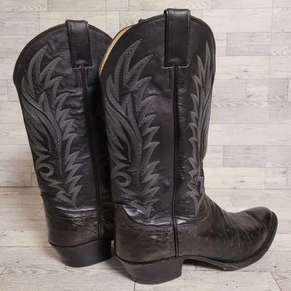 Men's Vintage Justin Western Black Ostrich Leather Rodeo Cowboy Boots Size 10.5