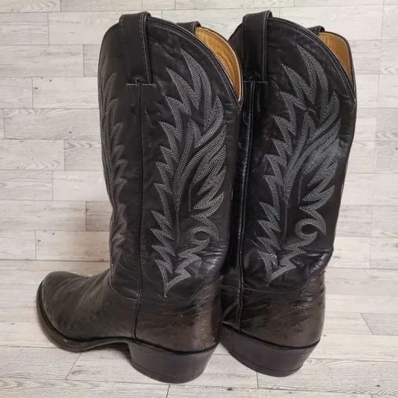 Men's Vintage Justin Western Black Ostrich Leather Rodeo Cowboy Boots Size 10.5
