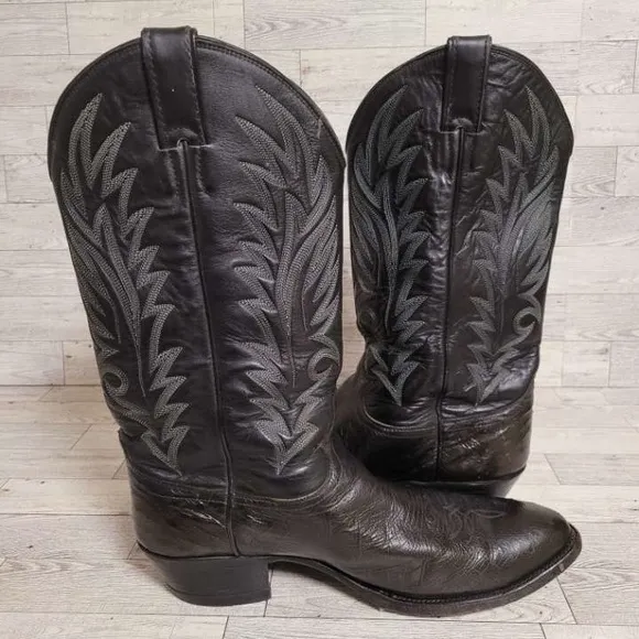Men's Vintage Justin Western Black Ostrich Leather Rodeo Cowboy Boots Size 10.5