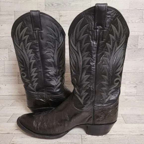 Men's Vintage Justin Western Black Ostrich Leather Rodeo Cowboy Boots Size 10.5