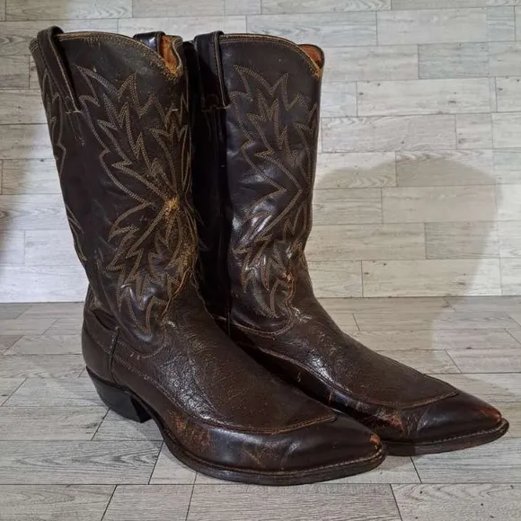 Men's Vintage Justin Western Brown Caribou Leather Rodeo Cowboy Boots Size 9.5