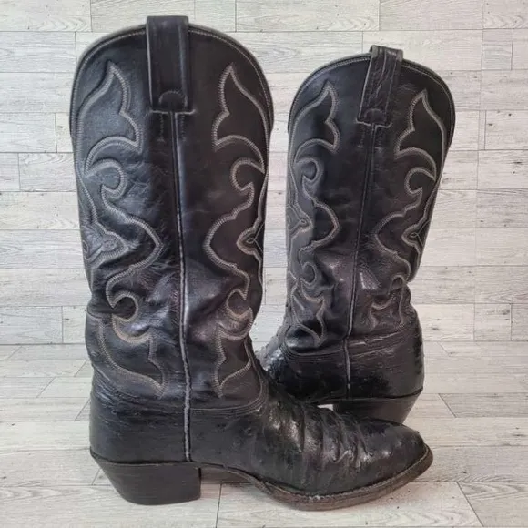 Men's Vintage Larry Mahan Western Black Ostrich Leather Cowboy Boots Size 8.5 D