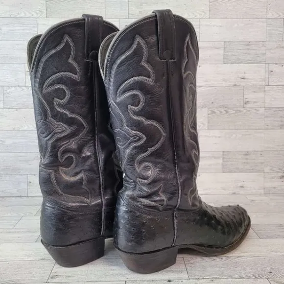 Men's Vintage Larry Mahan Western Black Ostrich Leather Cowboy Boots Size 8.5 D