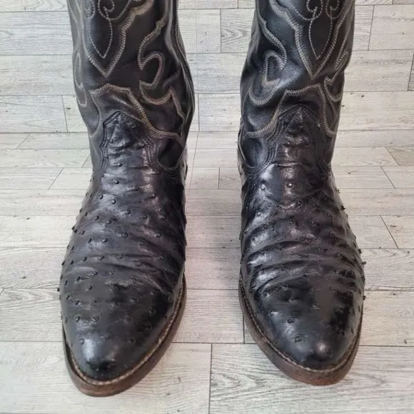 Men's Vintage Larry Mahan Western Black Ostrich Leather Cowboy Boots Size 8.5 D