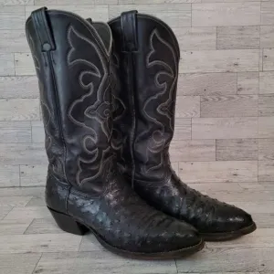 Men's Vintage Larry Mahan Western Black Ostrich Leather Cowboy Boots Size 8.5 D