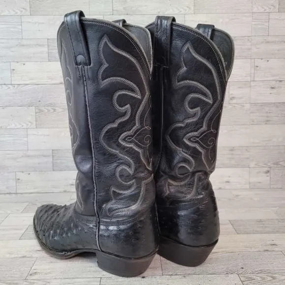 Men's Vintage Larry Mahan Western Black Ostrich Leather Cowboy Boots Size 8.5 D