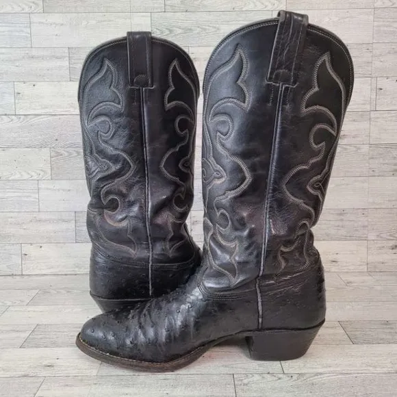 Men's Vintage Larry Mahan Western Black Ostrich Leather Cowboy Boots Size 8.5 D