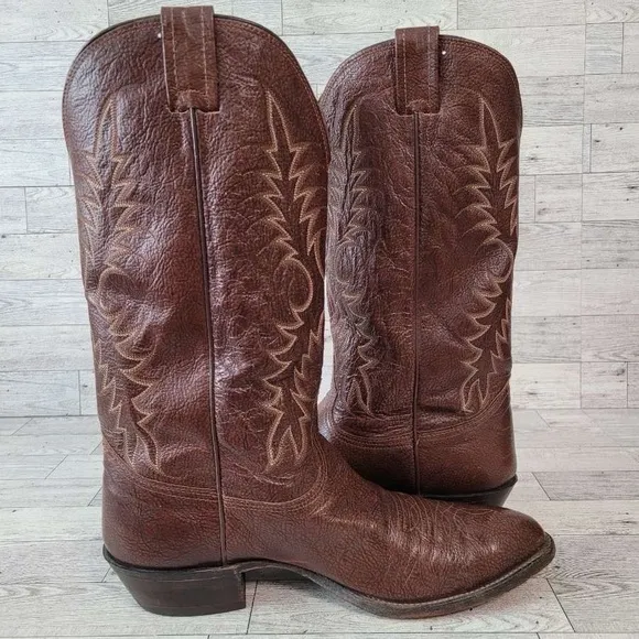 Men's Vintage Nocona Western Brown Full Kangaroo Leather Cowboy Boots Size 10.5