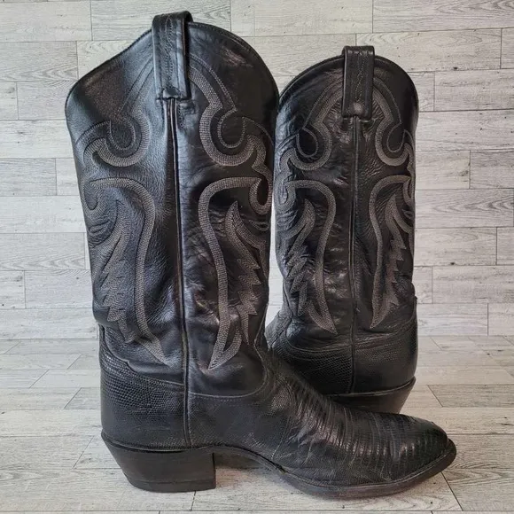 Men's Vintage Tony Lama Western Black Teju Lizard Leather Cowboy Boots Size 9 D
