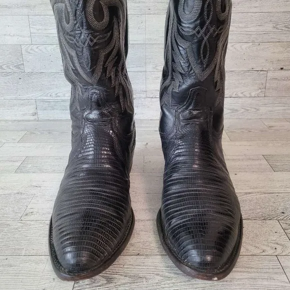 Men's Vintage Tony Lama Western Black Teju Lizard Leather Cowboy Boots Size 9 D