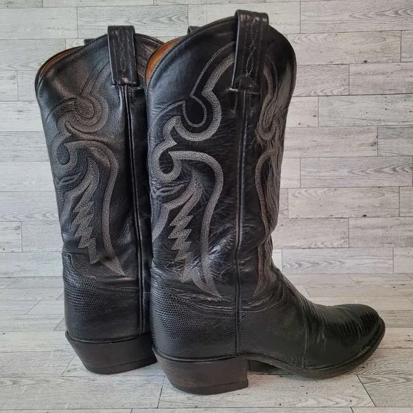 Men's Vintage Tony Lama Western Black Teju Lizard Leather Cowboy Boots Size 9 D