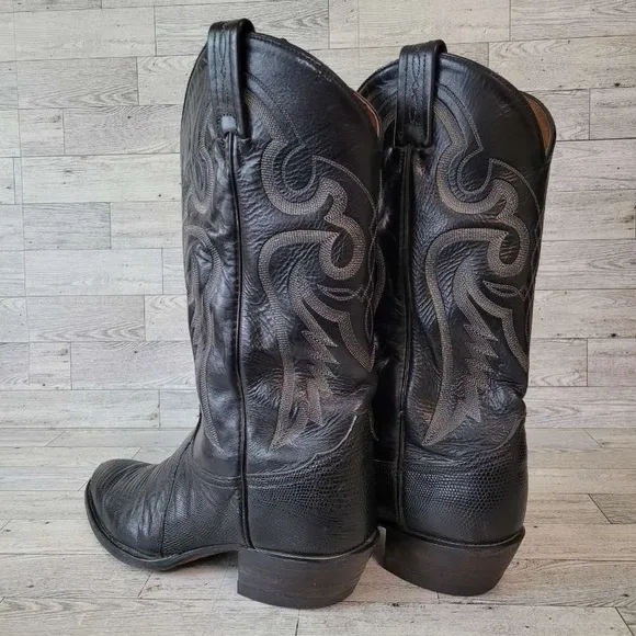 Men's Vintage Tony Lama Western Black Teju Lizard Leather Cowboy Boots Size 9 D