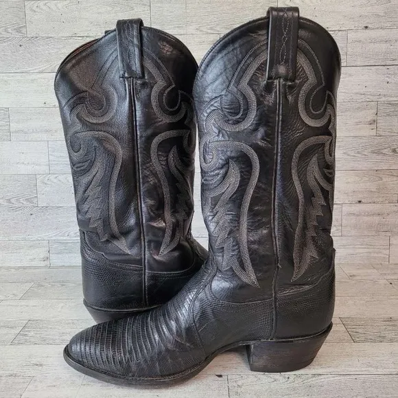 Men's Vintage Tony Lama Western Black Teju Lizard Leather Cowboy Boots Size 9 D