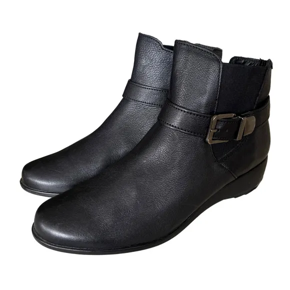 Mephisto Womans 7 Stefania Wedge Ankle Boots Leather Booties Side Buckle Black