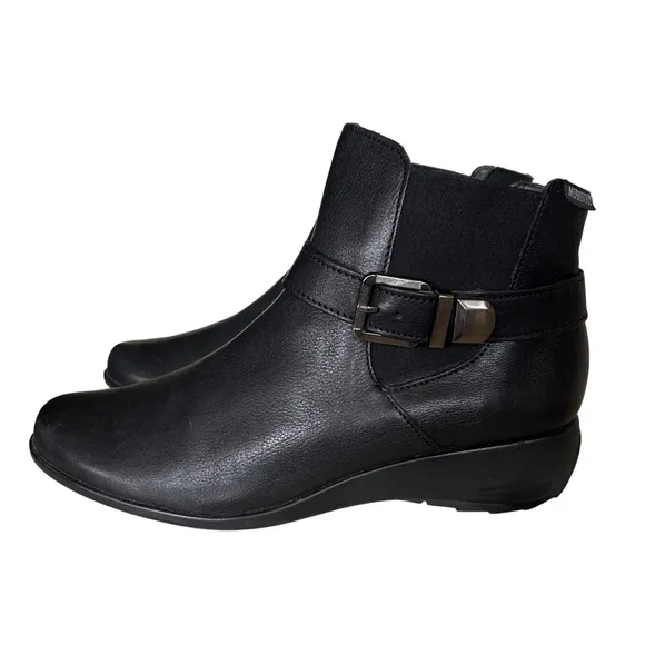 Mephisto Womans 7 Stefania Wedge Ankle Boots Leather Booties Side Buckle Black