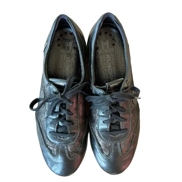 Mephisto Yael Sneakers Shoes Women US 8.5 Black Metallic Low Top Lace Up Leather