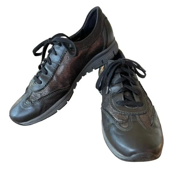 Mephisto Yael Sneakers Shoes Women US 8.5 Black Metallic Low Top Lace Up Leather