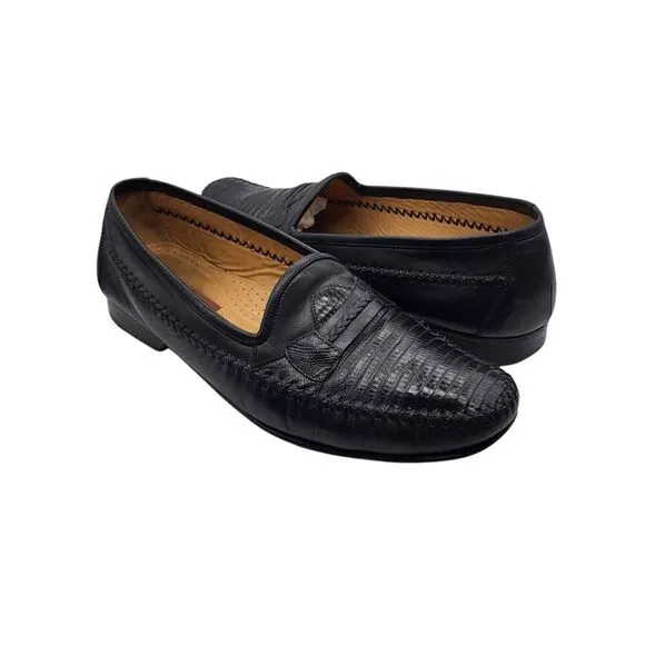 Mezlan Regan Slip On Loafer Black Men 10M Calfskin Lizard Leather Spain Business