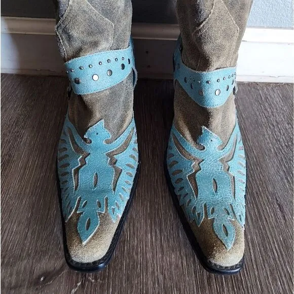 MIA Harness Wingtip Cowboy Boots Size 7 Greige Blue Leather Rustic Chic