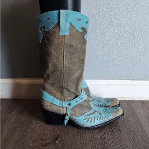 MIA Harness Wingtip Cowboy Boots Size 7 Greige Blue Leather Rustic Chic
