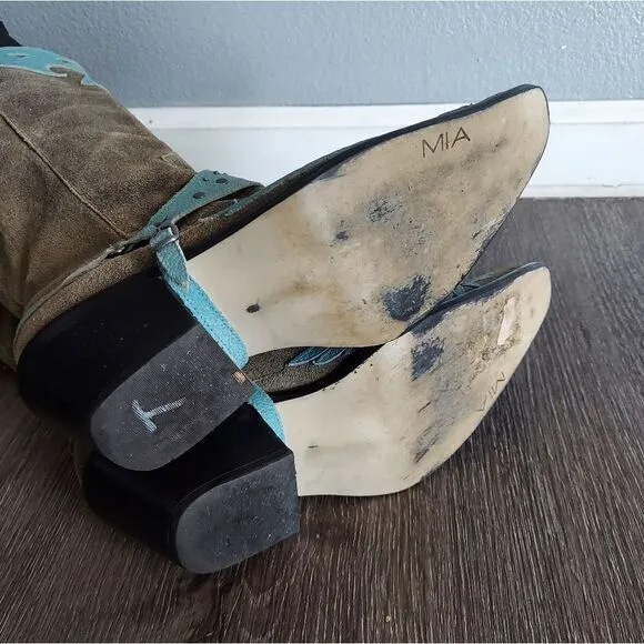 MIA Harness Wingtip Cowboy Boots Size 7 Greige Blue Leather Rustic Chic