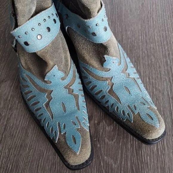 MIA Harness Wingtip Cowboy Boots Size 7 Greige Blue Leather Rustic Chic
