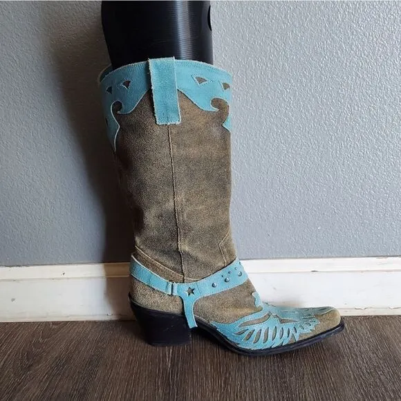 MIA Harness Wingtip Cowboy Boots Size 7 Greige Blue Leather Rustic Chic
