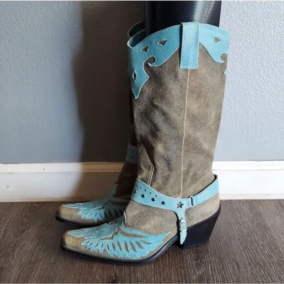 MIA Harness Wingtip Cowboy Boots Size 7 Greige Blue Leather Rustic Chic