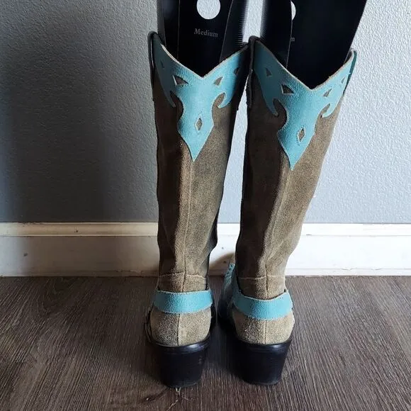 MIA Harness Wingtip Cowboy Boots Size 7 Greige Blue Leather Rustic Chic
