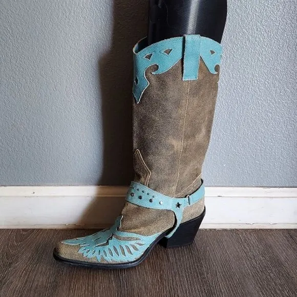 MIA Harness Wingtip Cowboy Boots Size 7 Greige Blue Leather Rustic Chic