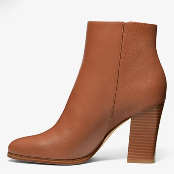 Michael Kors - Britt Ankle Boot, Stacked Wood Heel/ Pebbled Luggage Brown 11M
