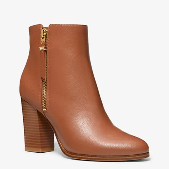 Michael Kors - Britt Ankle Boot, Stacked Wood Heel/ Pebbled Luggage Brown 11M
