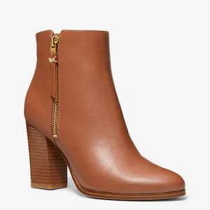 Michael Kors - Britt Ankle Boot, Stacked Wood Heel/ Pebbled Luggage Brown 11M