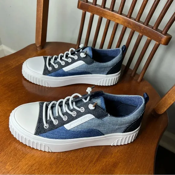 Michael Kors Oscar Denim and Leather Stretch Lace Retro Style Sneakers sz 6.5