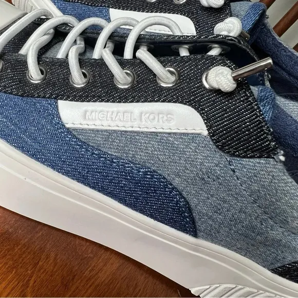 Michael Kors Oscar Denim and Leather Stretch Lace Retro Style Sneakers sz 6.5