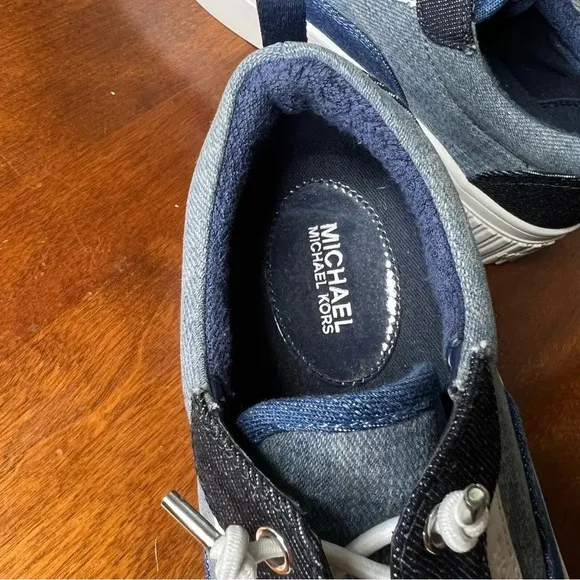Michael Kors Oscar Denim and Leather Stretch Lace Retro Style Sneakers sz 6.5