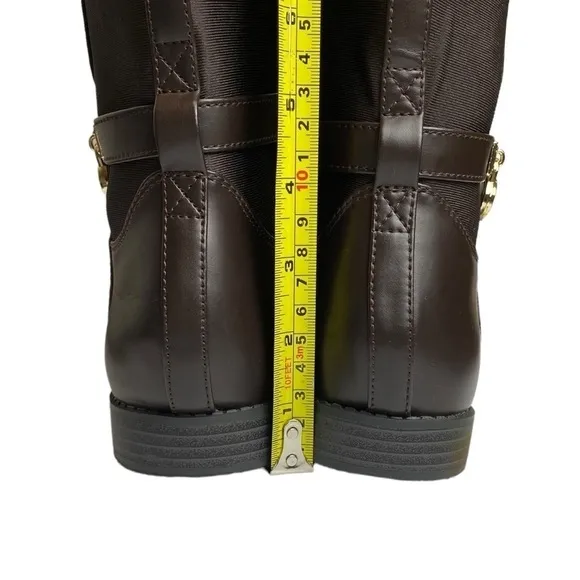 Micheal Kors Parson 14 Chocolate Brown Faux Leather  Gold Designer Boots Size 4