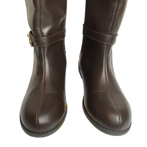 Micheal Kors Parson 14 Chocolate Brown Faux Leather  Gold Designer Boots Size 4