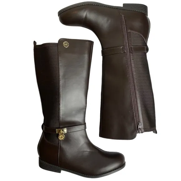 Micheal Kors Parson 14 Chocolate Brown Faux Leather  Gold Designer Boots Size 4