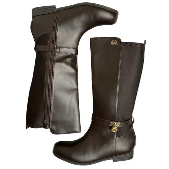 Micheal Kors Parson 14 Chocolate Brown Faux Leather  Gold Designer Boots Size 4