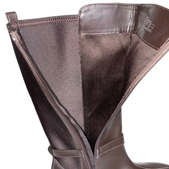 Micheal Kors Parson 14 Chocolate Brown Faux Leather  Gold Designer Boots Size 4