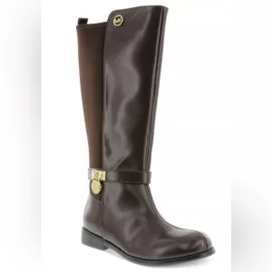 Micheal Kors Parson 14 Chocolate Brown Faux Leather  Gold Designer Boots Size 4