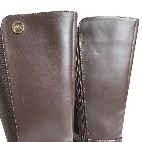 Micheal Kors Parson 14 Chocolate Brown Faux Leather  Gold Designer Boots Size 4