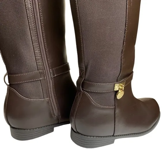 Micheal Kors Parson 14 Chocolate Brown Faux Leather  Gold Designer Boots Size 4
