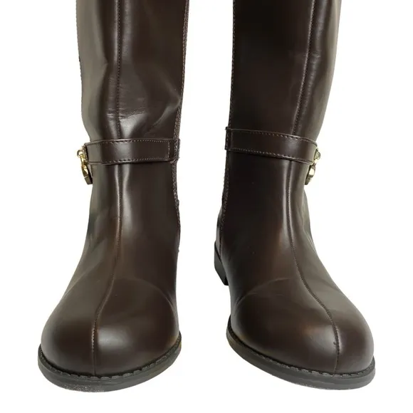 Micheal Kors Parson 14 Chocolate Brown Faux Leather  Gold Designer Boots Size 4